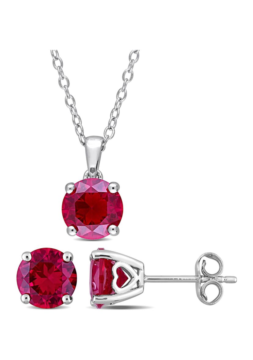Lab Created 4 7/8CT TGW Created Ruby Solitaire Stud Earring and Pendant with chain Set in Sterling Silver