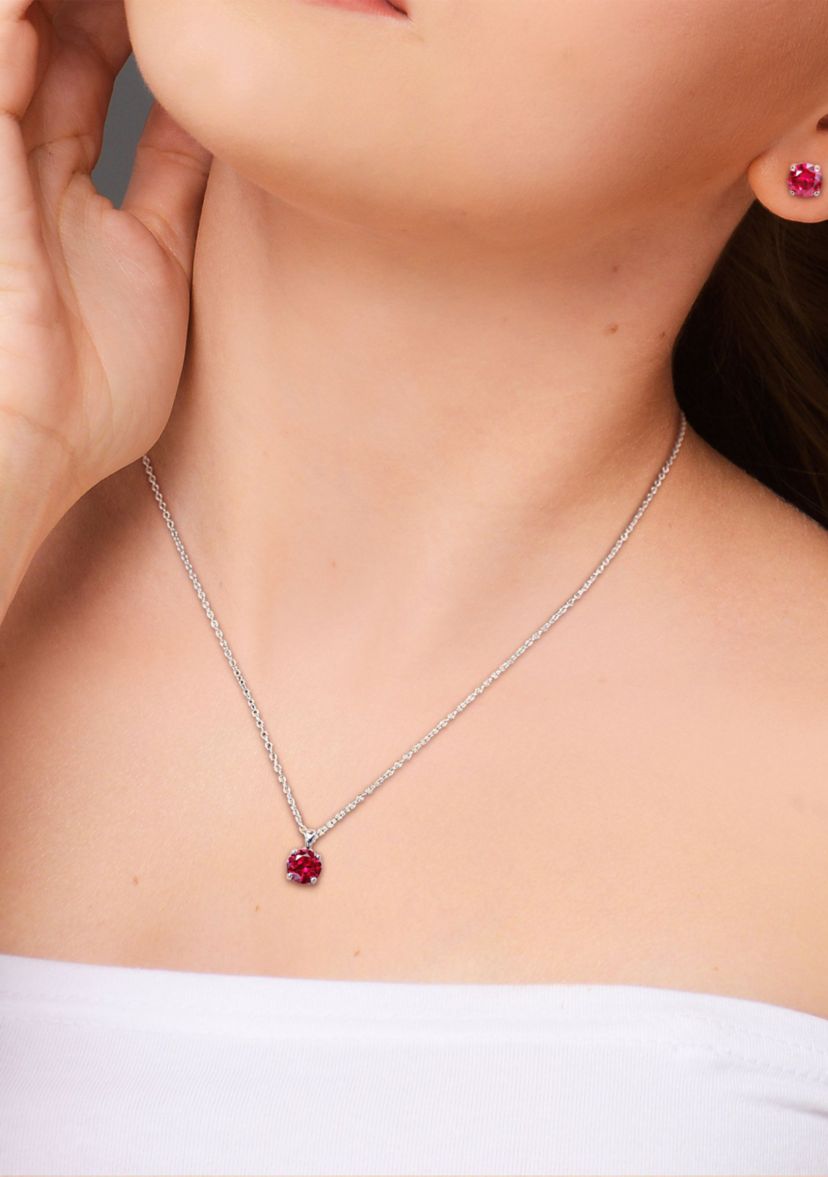 Lab Created 4 7/8CT TGW Created Ruby Solitaire Stud Earring and Pendant with chain Set in Sterling Silver