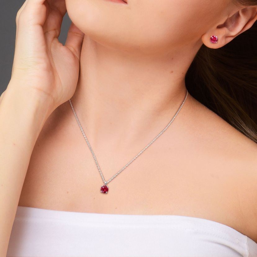 Lab Created 4 7/8CT TGW Created Ruby Solitaire Stud Earring and Pendant with chain Set in Sterling Silver