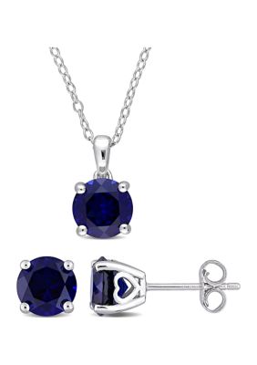 Belk & Co Lab Created 4 7/8 CT TGW Blue Sapphire Solitaire Stud Earring and Pendant with chain Set in Sterling Silver