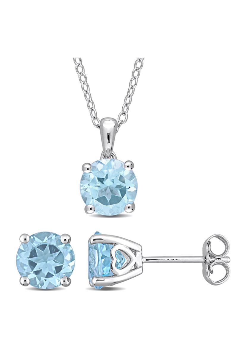 4 3/5 CT TGW Blue Topaz-Sky Solitaire Stud Earring and Pendant with chain Set in Sterling Silver