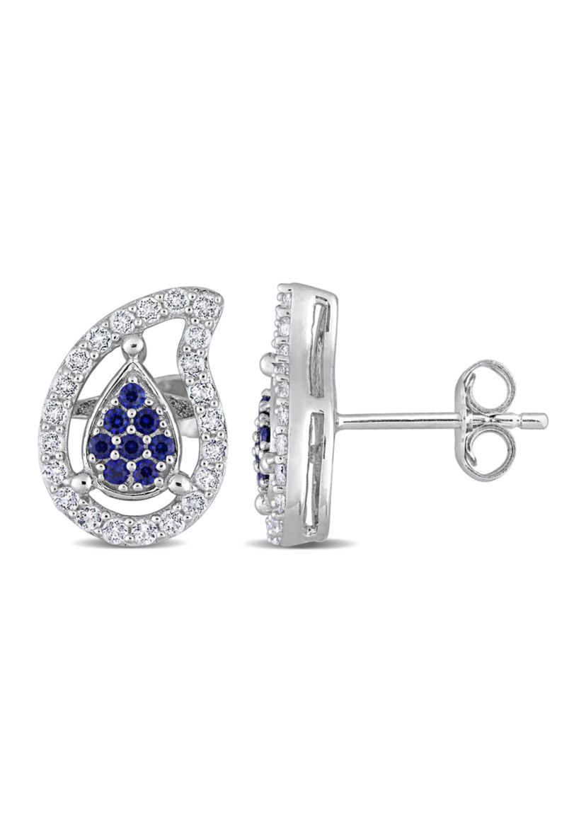 Lab Created 5/8 CT TGW Created Blue Sapphire and White Topaz Teardrop Earrings in Sterling Silver