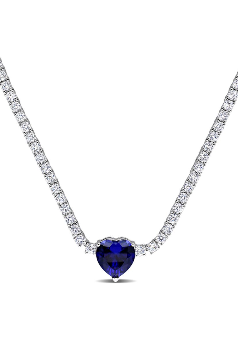Lab Created 18 ct. t.g.w. Heart Shaped Created Sapphire and Created White Sapphire Tennis Necklace in Sterling Silver