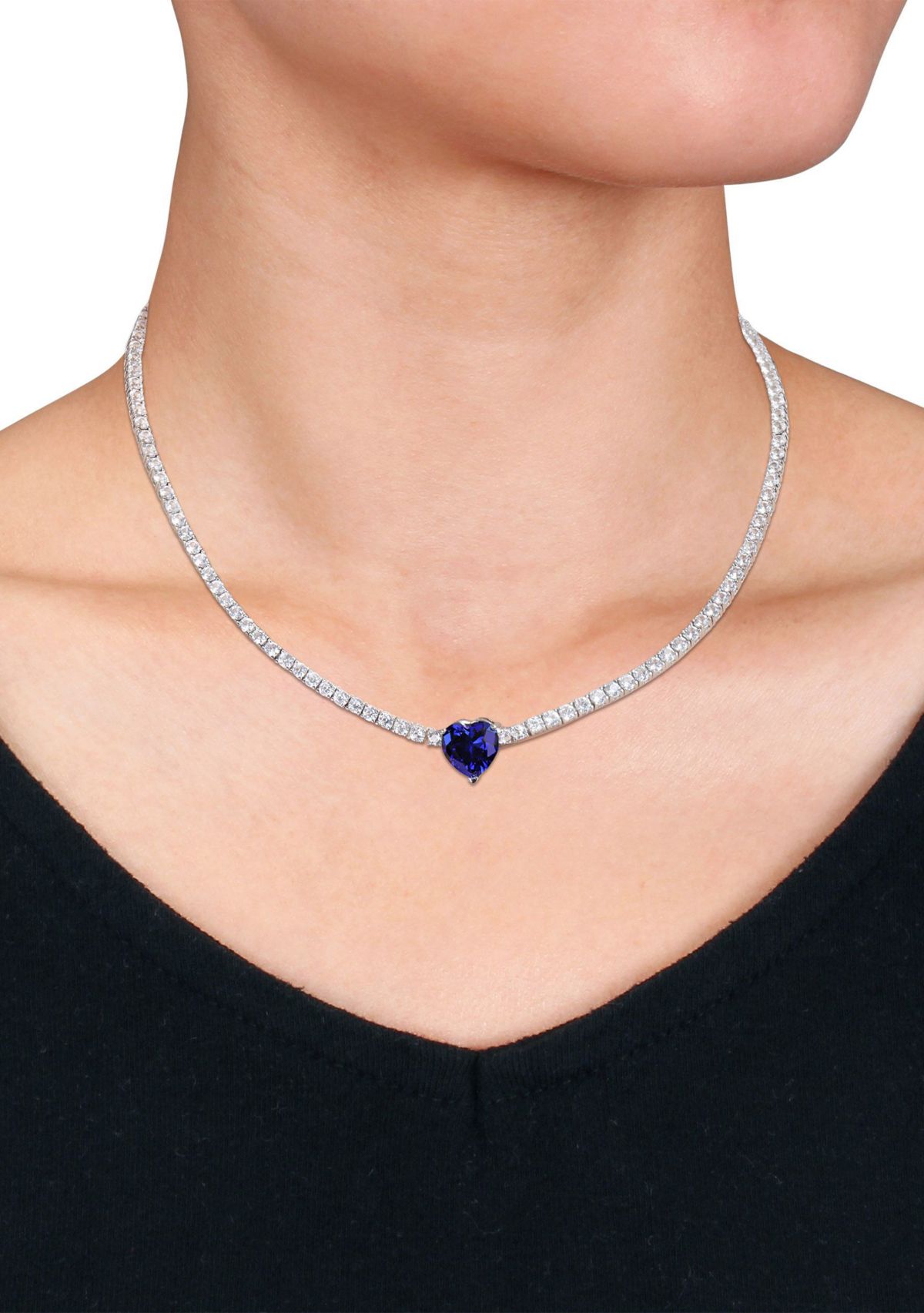 Lab Created 18 ct. t.g.w. Heart Shaped Created Sapphire and Created White Sapphire Tennis Necklace in Sterling Silver