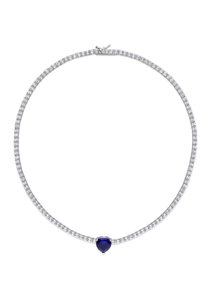 Lab Created 18 ct. t.g.w. Heart Shaped Created Sapphire and Created White Sapphire Tennis Necklace in Sterling Silver