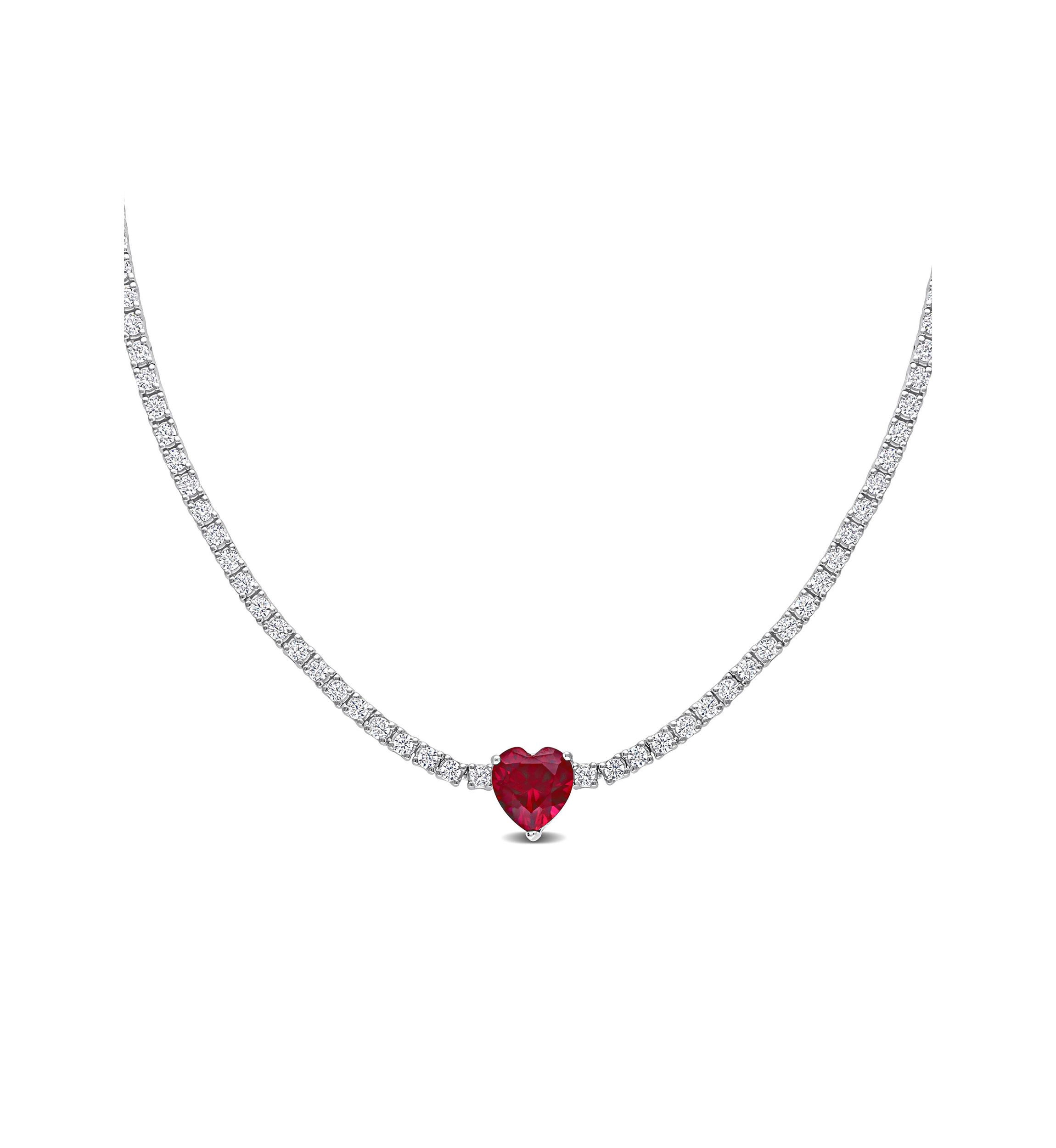 Lab Created 18 CT TGW Heart Shaped Created Ruby and Created White Sapphire Tennis Necklace in Sterling Silver