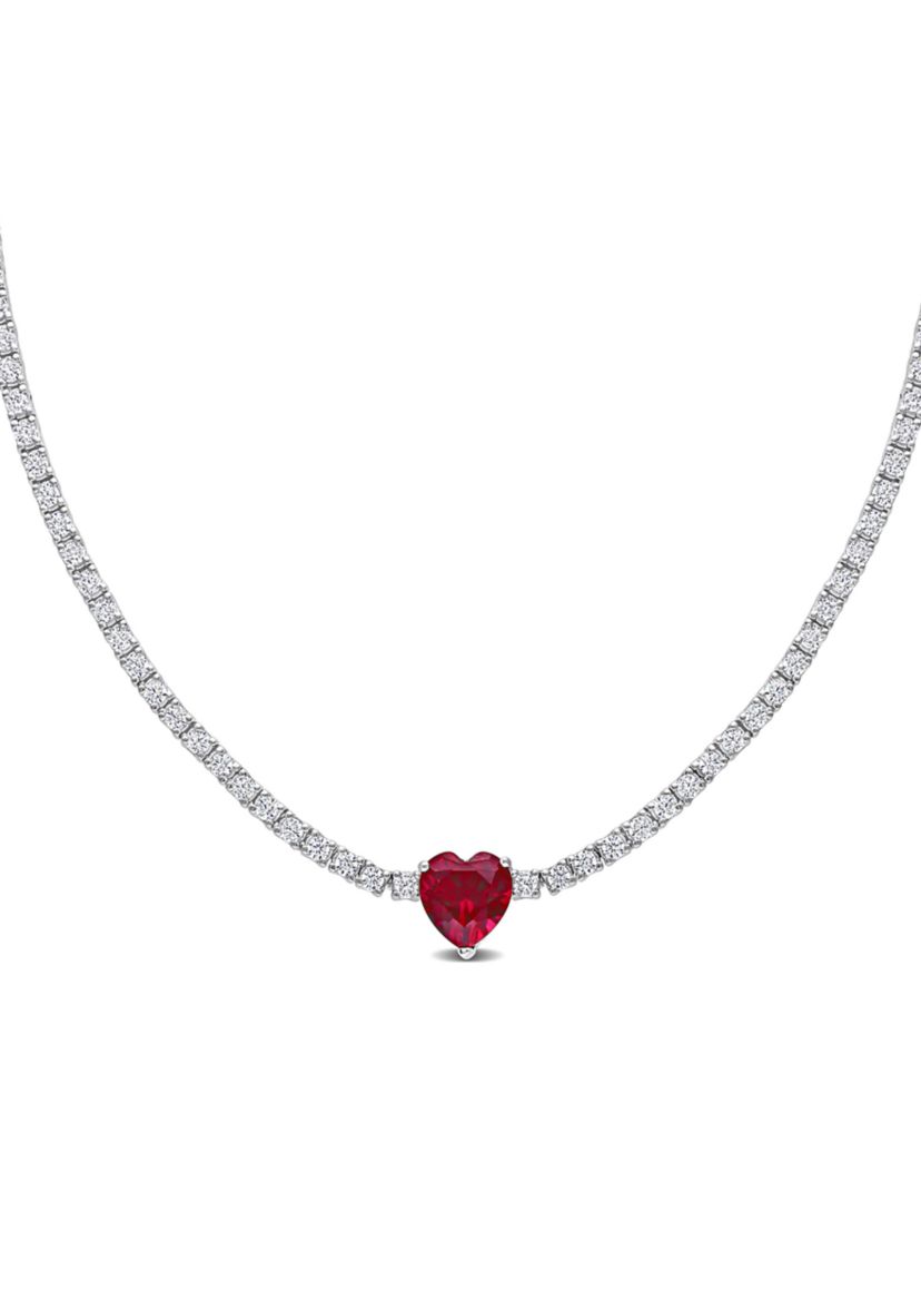 Lab Created 18 CT TGW Heart Shaped Created Ruby and Created White Sapphire Tennis Necklace in Sterling Silver