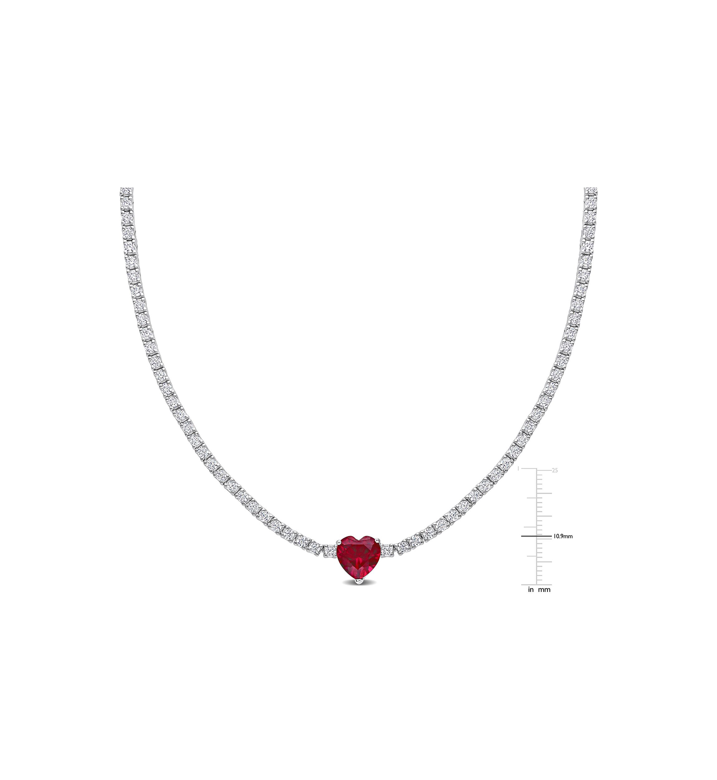 Lab Created 18 CT TGW Heart Shaped Created Ruby and Created White Sapphire Tennis Necklace in Sterling Silver