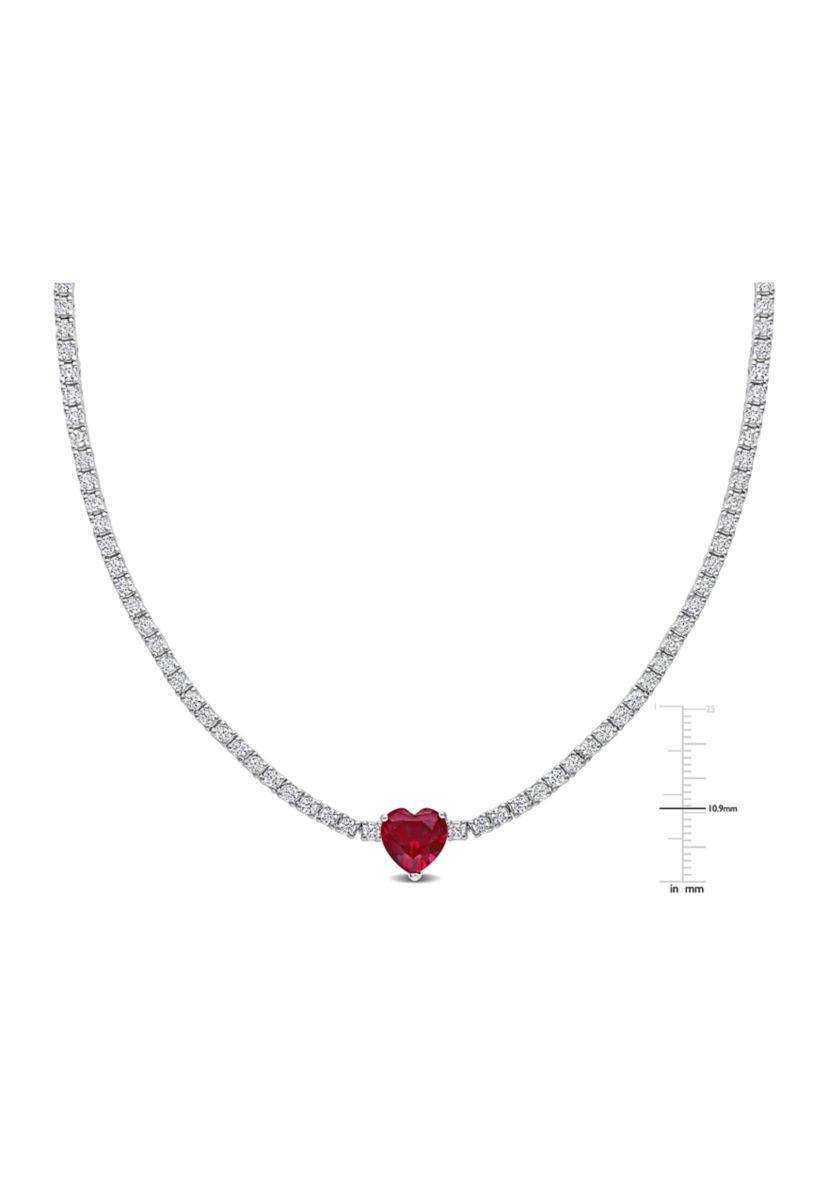 Lab Created 18 CT TGW Heart Shaped Created Ruby and Created White Sapphire Tennis Necklace in Sterling Silver