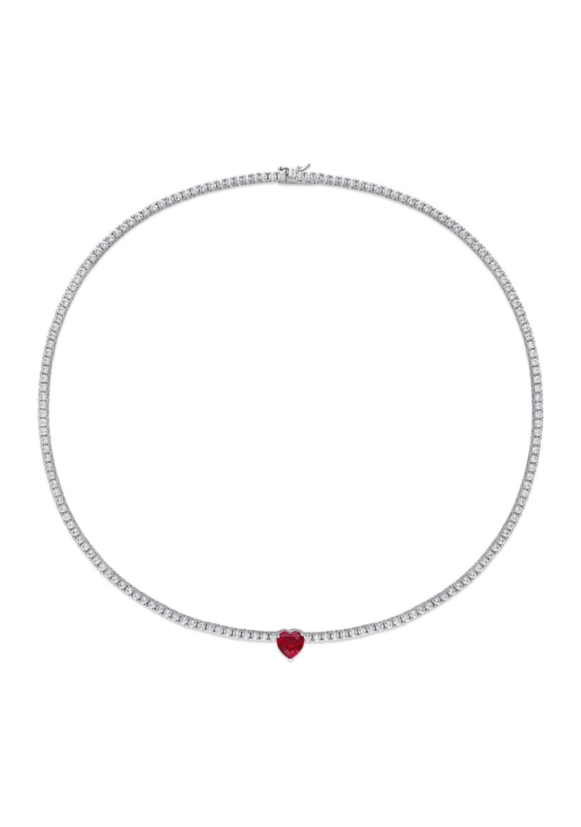 Lab Created 18 CT TGW Heart Shaped Created Ruby and Created White Sapphire Tennis Necklace in Sterling Silver