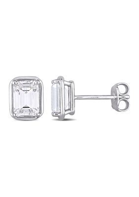 Belk & Co Lab Created 3.18 ct. t.g.w. White Sapphire Bezel Style Emerald Cut Stud Earrings in Sterling Silver