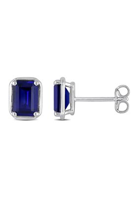 Belk & Co Lab Created 3.18 ct. t.g.w. Sapphire Bezel Style Emerald Cut Stud Earrings in Sterling Silver