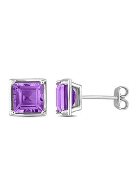 Belk & Co 3 CT TGW Amethyst Bezel Style Square Stud Earrings in Sterling Silver, White