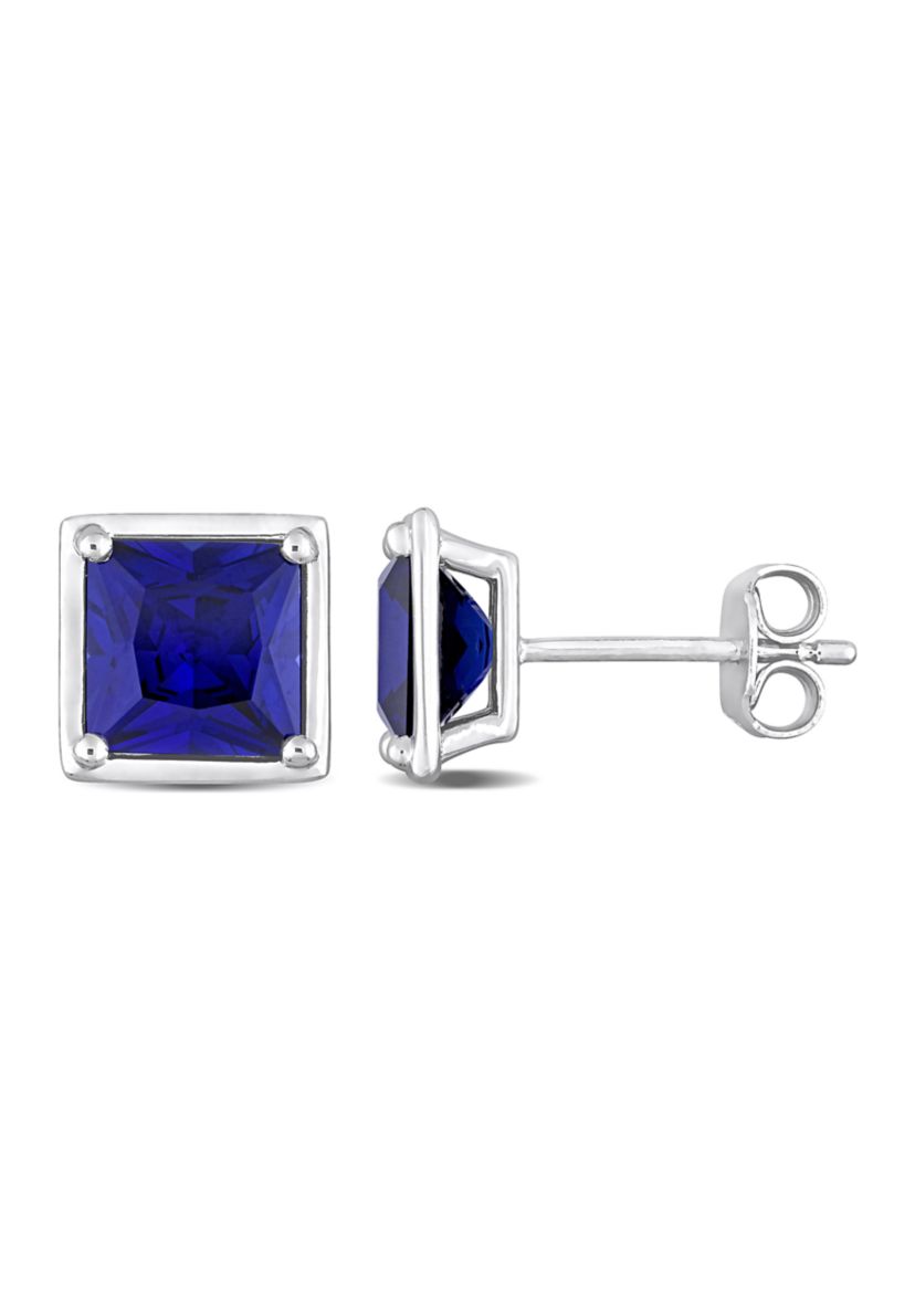 Lab Created 4.12 ct. t.g.w. Created Sapphire Bezel Style Square Stud Earrings in Sterling Silver