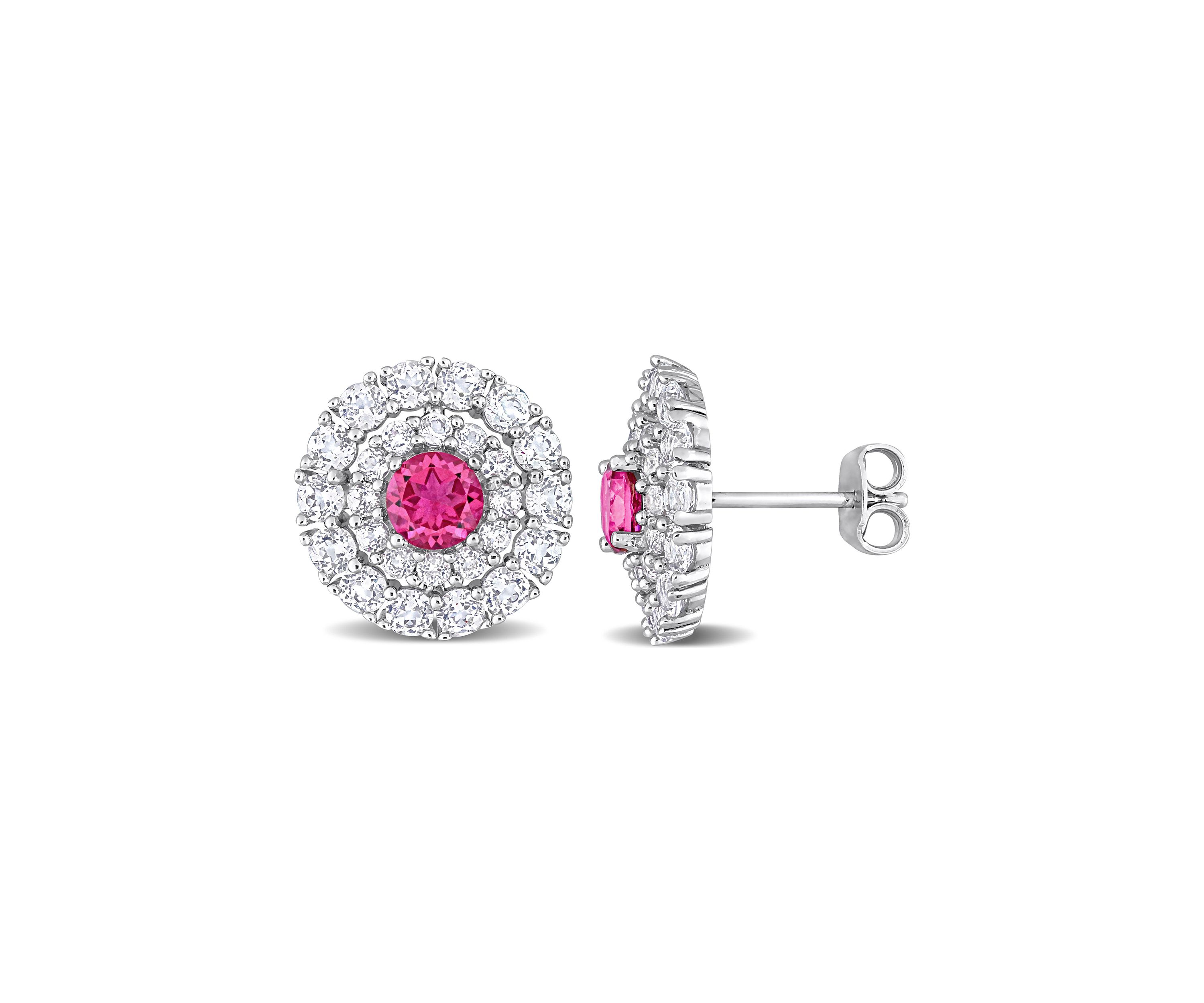 4.40 ct. t.g.w. Pink Topaz and White Topaz Double Halo Stud Earrings in Sterling Silver
