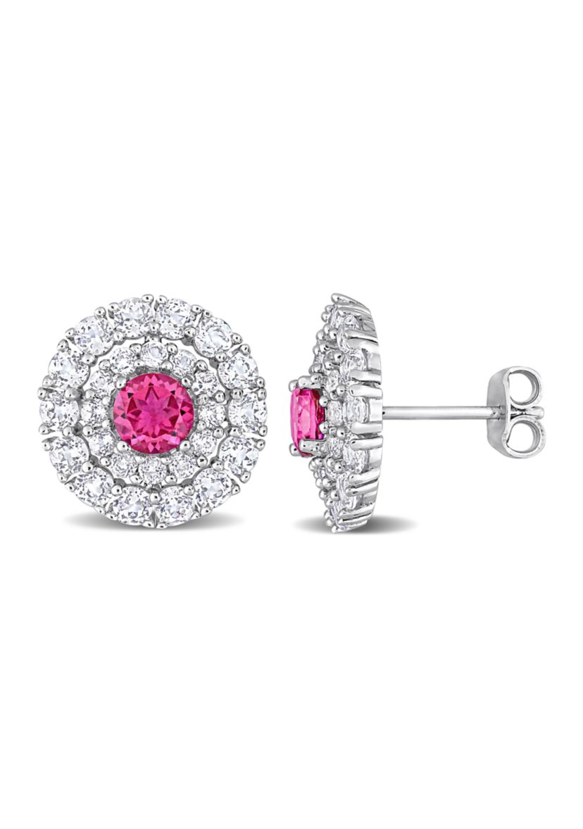 4.40 ct. t.g.w. Pink Topaz and White Topaz Double Halo Stud Earrings in Sterling Silver