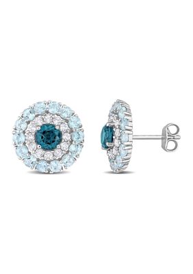 Belk & Co 4.32 ct. t.g.w. London Blue Topaz, Sky Blue Topaz and White Topaz Double Halo Stud Earrings in Sterling Silver -  0682077955607