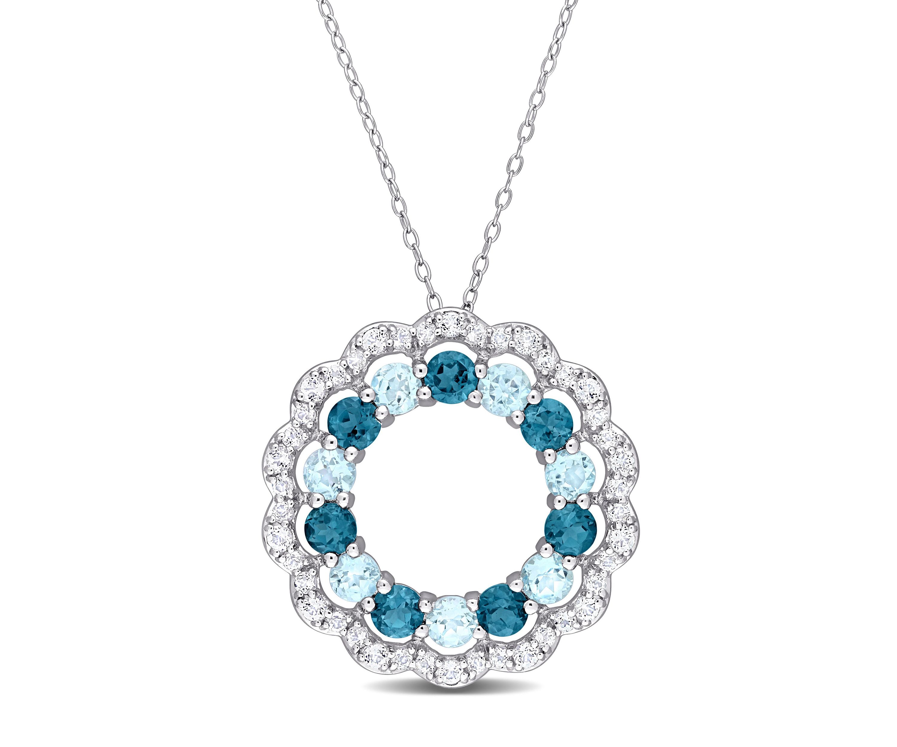 6 CT TGW London Blue, Sky Blue and White Topaz Open Circle Pendant with Chain in Sterling Silver