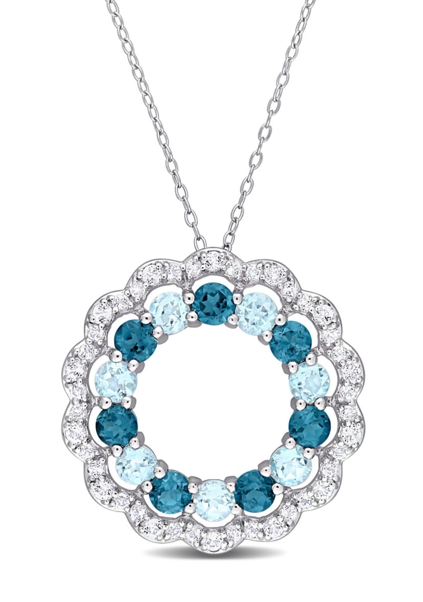 6 CT TGW London Blue, Sky Blue and White Topaz Open Circle Pendant with Chain in Sterling Silver