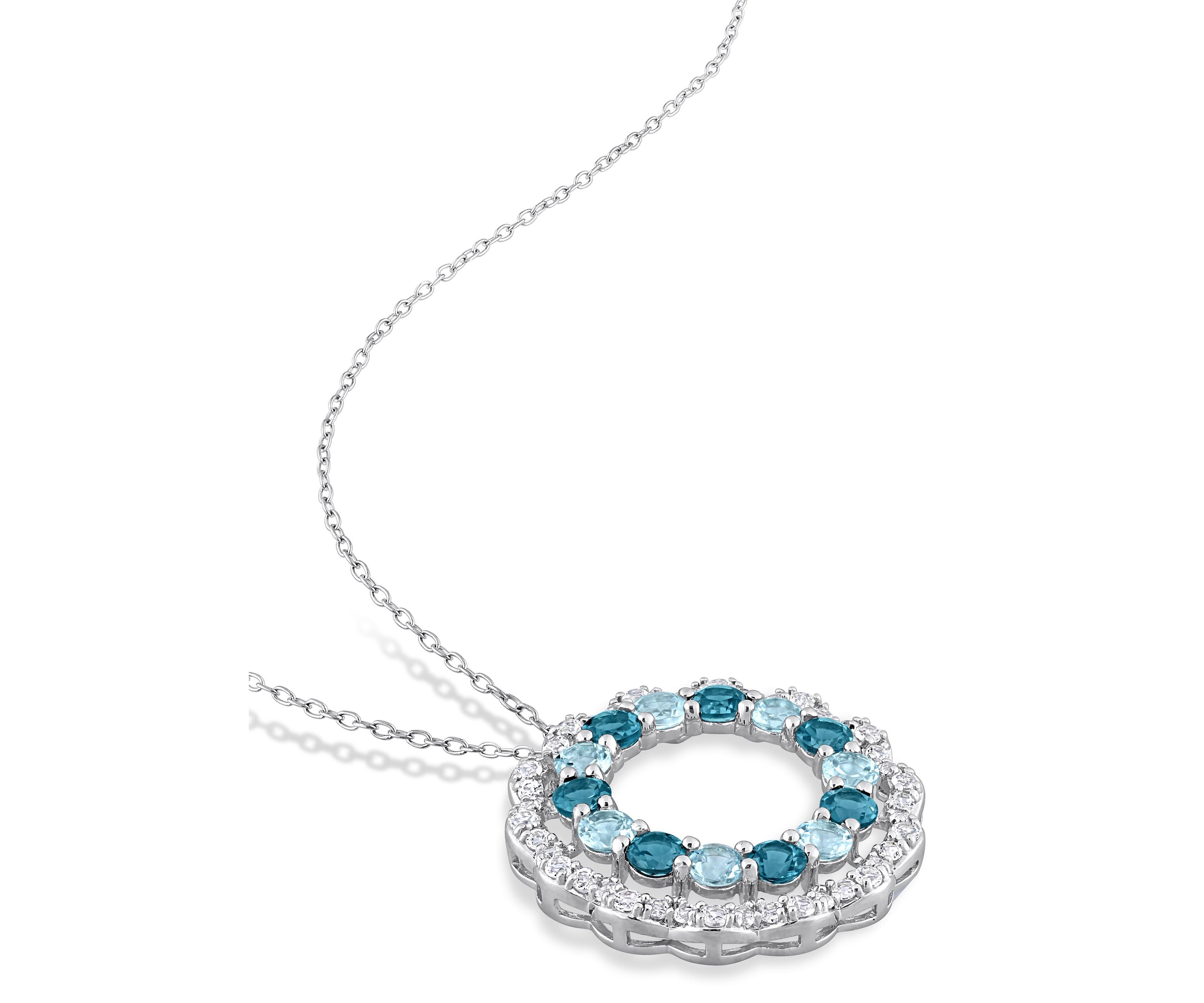6 CT TGW London Blue, Sky Blue and White Topaz Open Circle Pendant with Chain in Sterling Silver