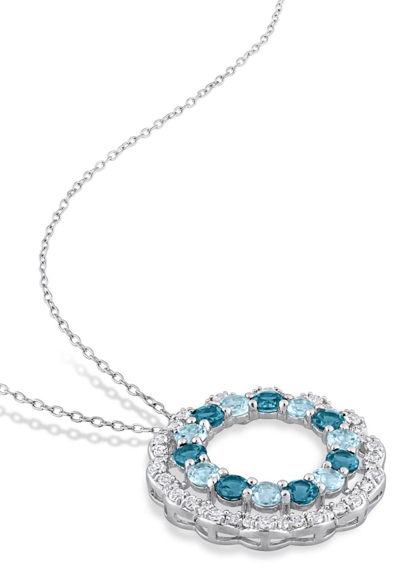 6 CT TGW London Blue, Sky Blue and White Topaz Open Circle Pendant with Chain in Sterling Silver