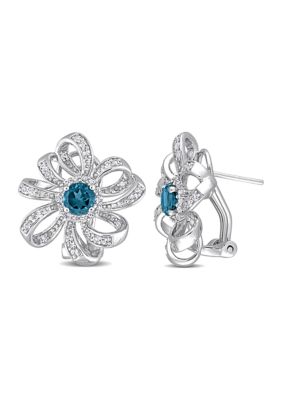 Belk & Co 1.88 ct. t.g.w. London Blue Topaz and White Topaz Flower Omega Clip Earrings in Sterling Silver