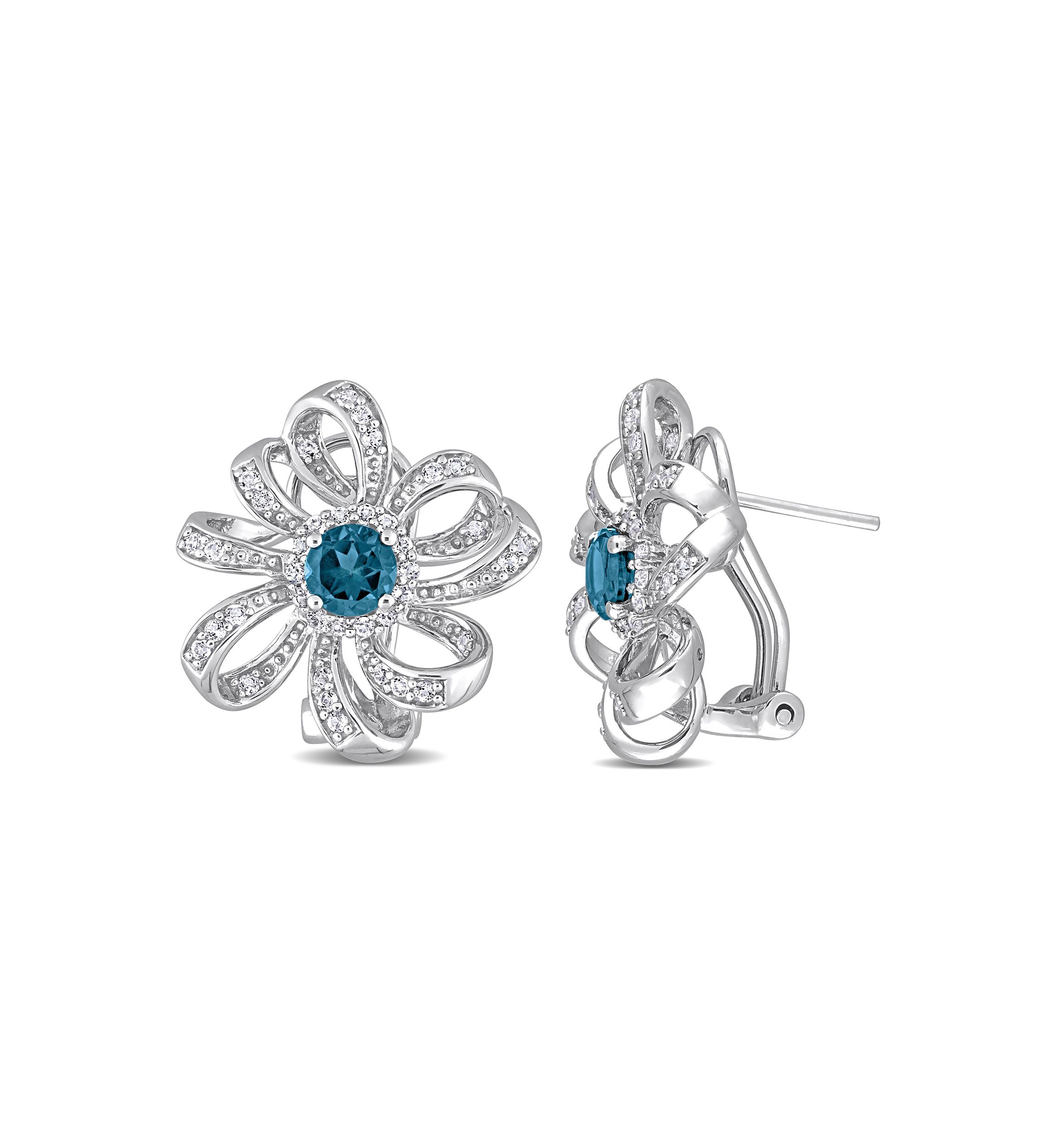 1.88 ct. t.g.w. London Blue Topaz and White Topaz Flower Omega Clip Earrings in Sterling Silver