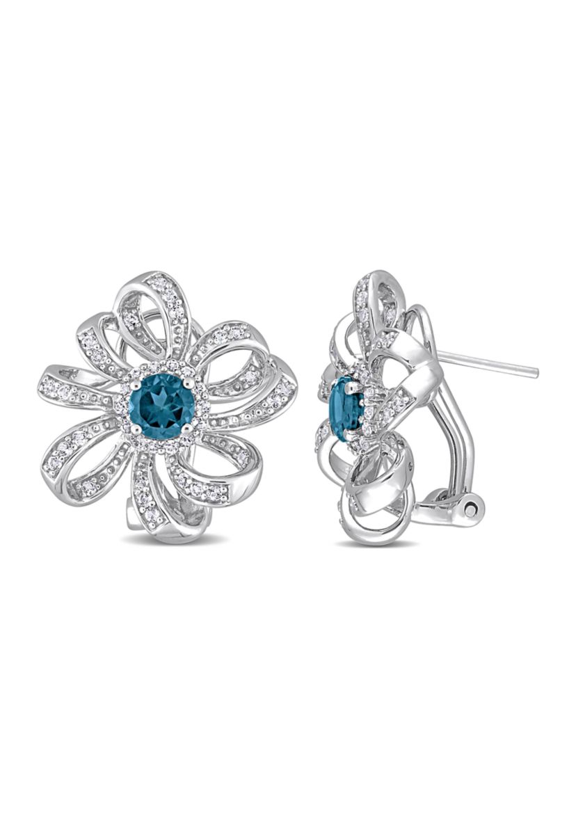 1.88 ct. t.g.w. London Blue Topaz and White Topaz Flower Omega Clip Earrings in Sterling Silver