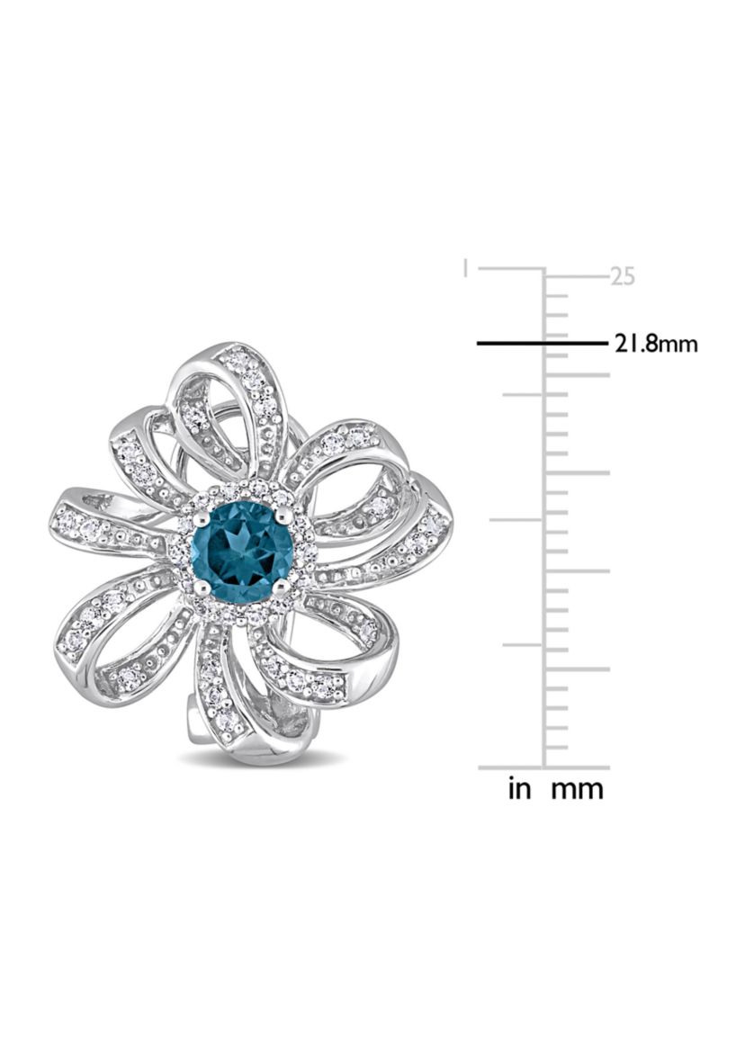 1.88 ct. t.g.w. London Blue Topaz and White Topaz Flower Omega Clip Earrings in Sterling Silver