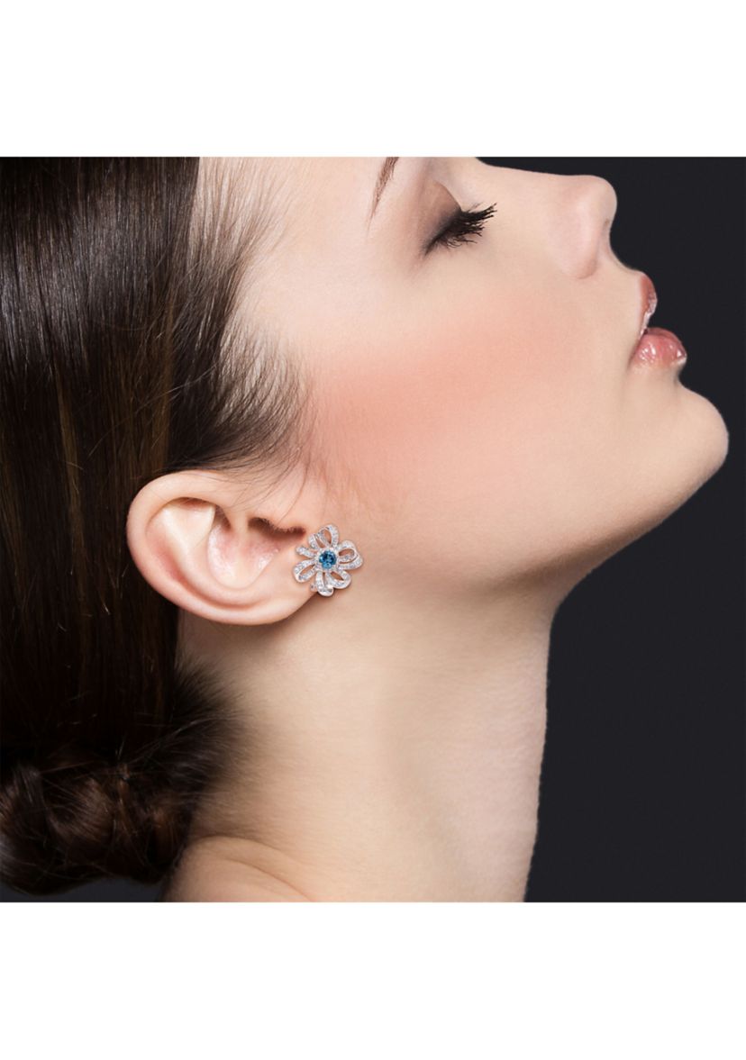 1.88 ct. t.g.w. London Blue Topaz and White Topaz Flower Omega Clip Earrings in Sterling Silver
