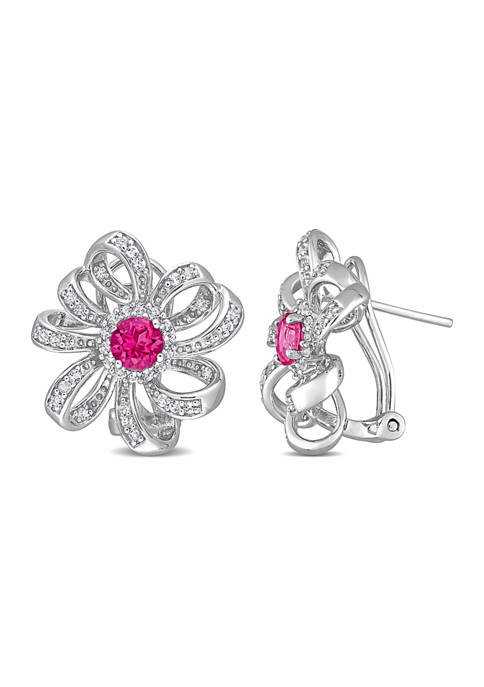 2 ct. t.w. Pink Topaz and White Topaz Flower Omega Clip Earrings in Sterling Silver