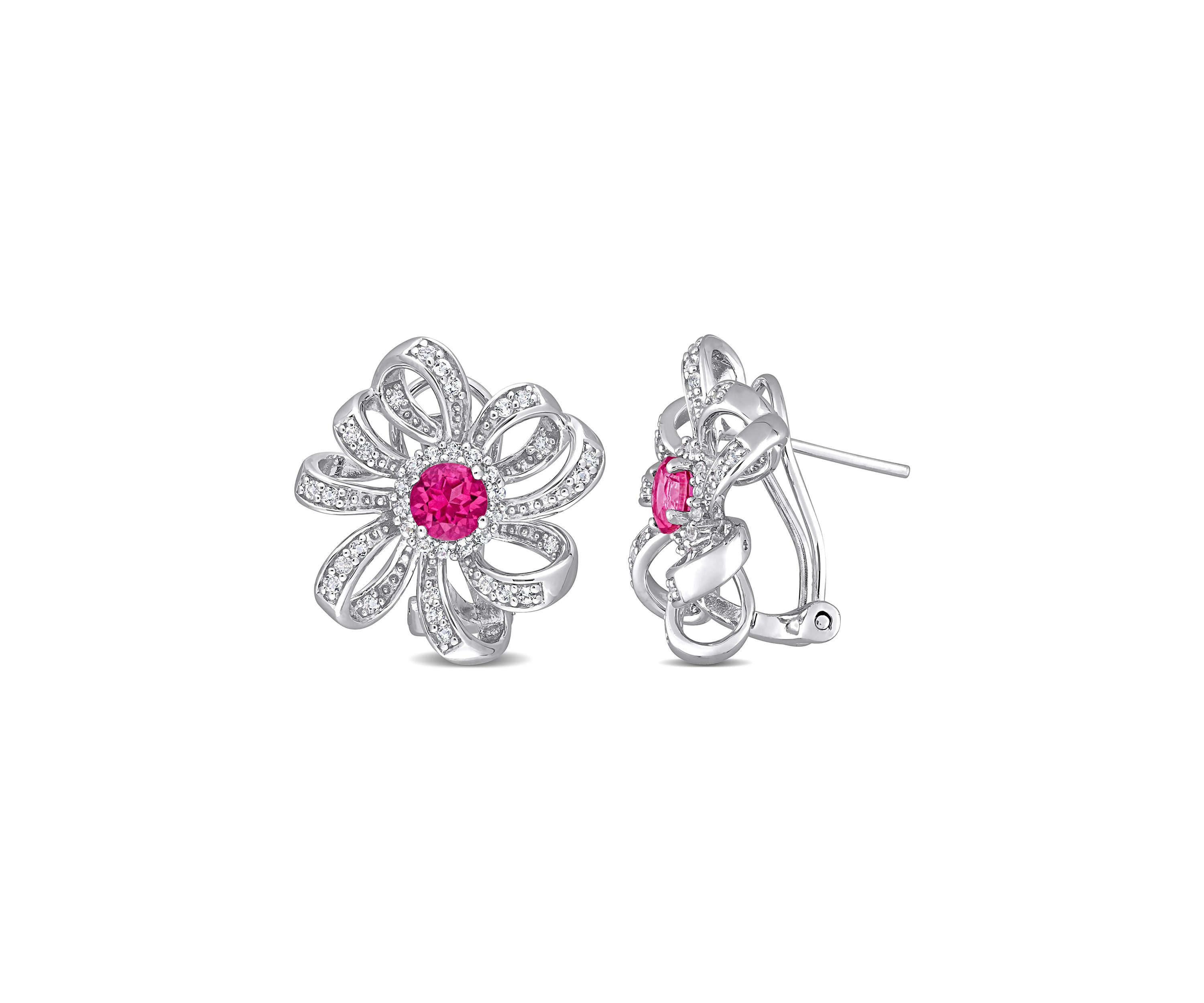 2 CT TGW Pink Topaz and White Topaz Flower Omega Clip Earrings in Sterling Silver
