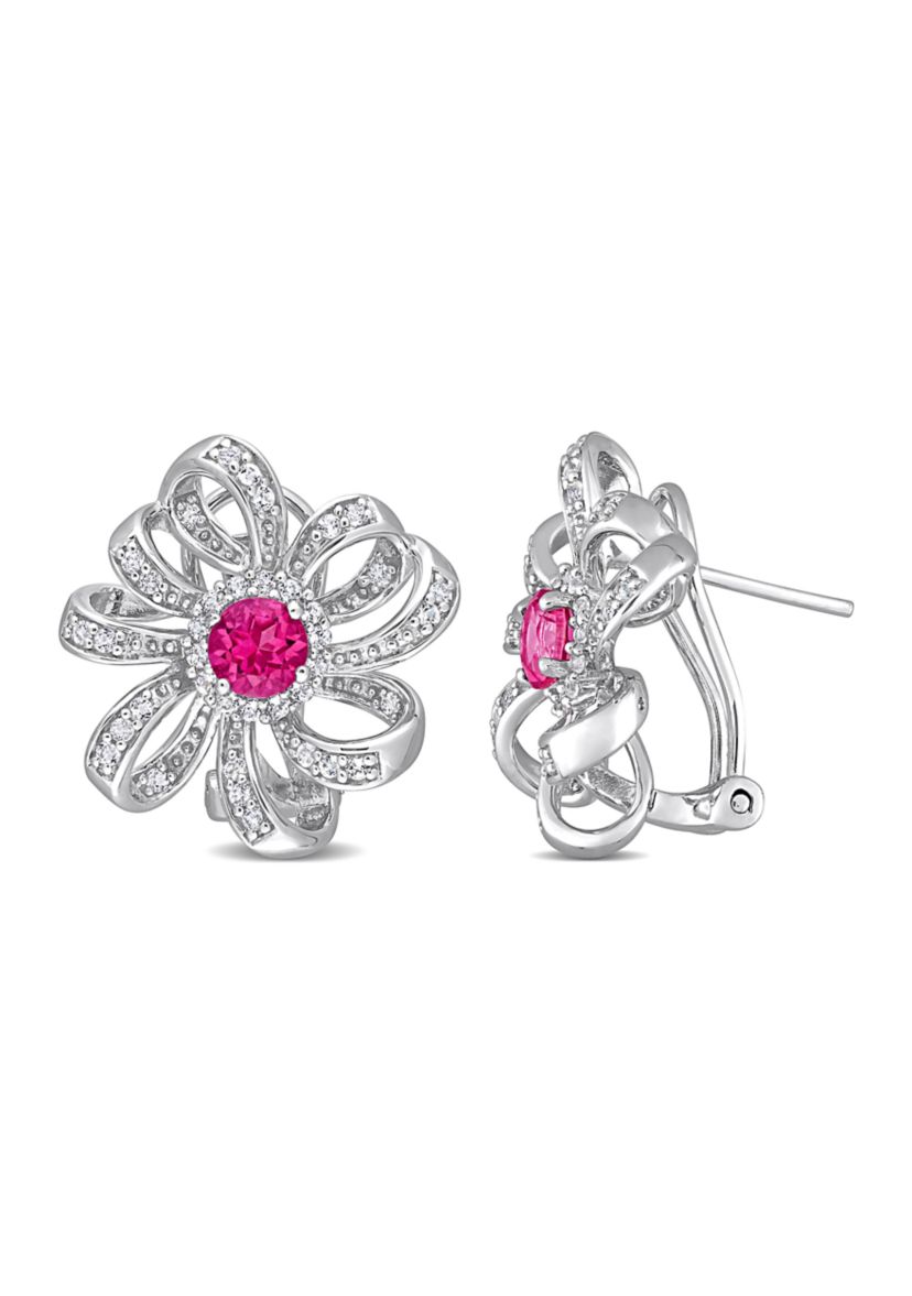 2 CT TGW Pink Topaz and White Topaz Flower Omega Clip Earrings in Sterling Silver