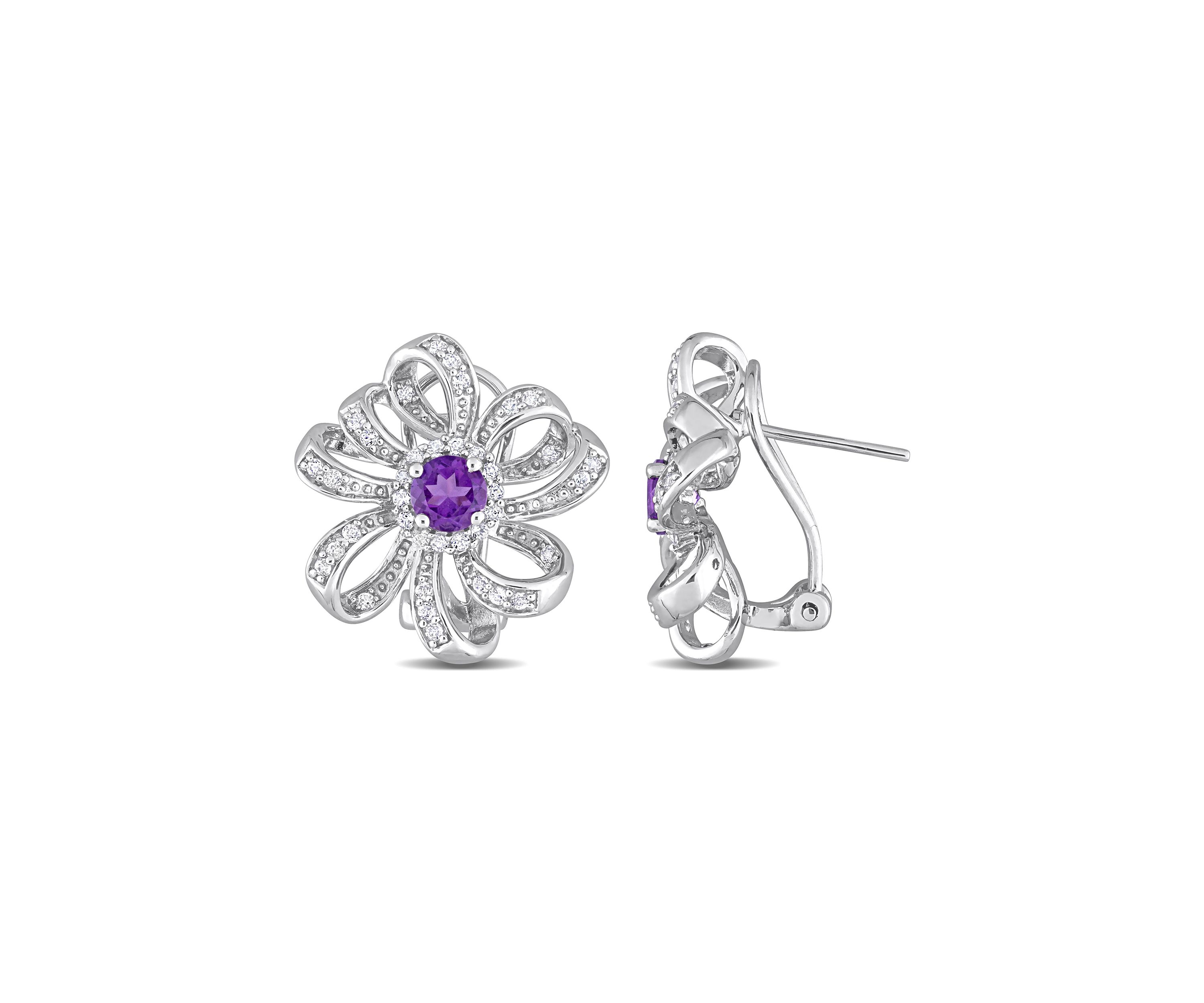 1.64 ct. t.g.w. African Amethyst and White Topaz Floral Clip-Back Earrings in Sterling Silver