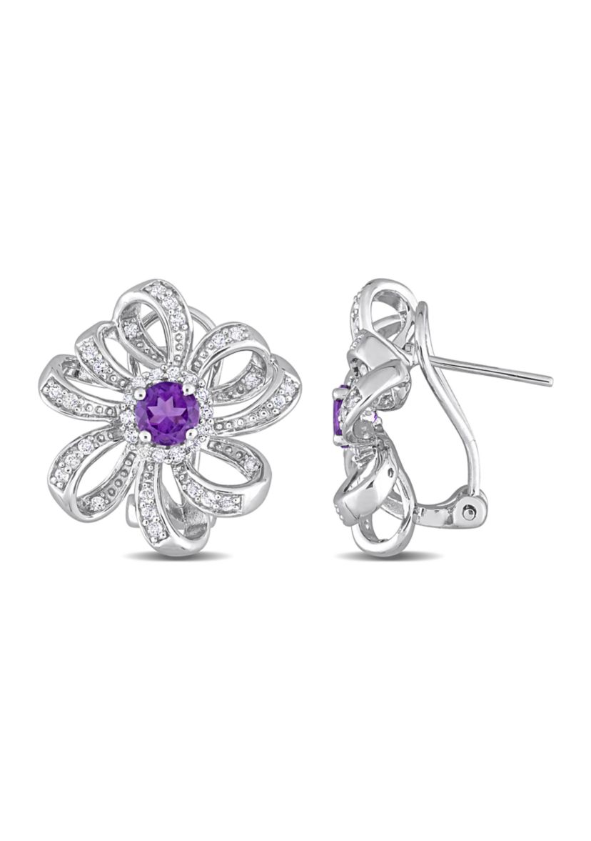 1.64 ct. t.g.w. African Amethyst and White Topaz Floral Clip-Back Earrings in Sterling Silver