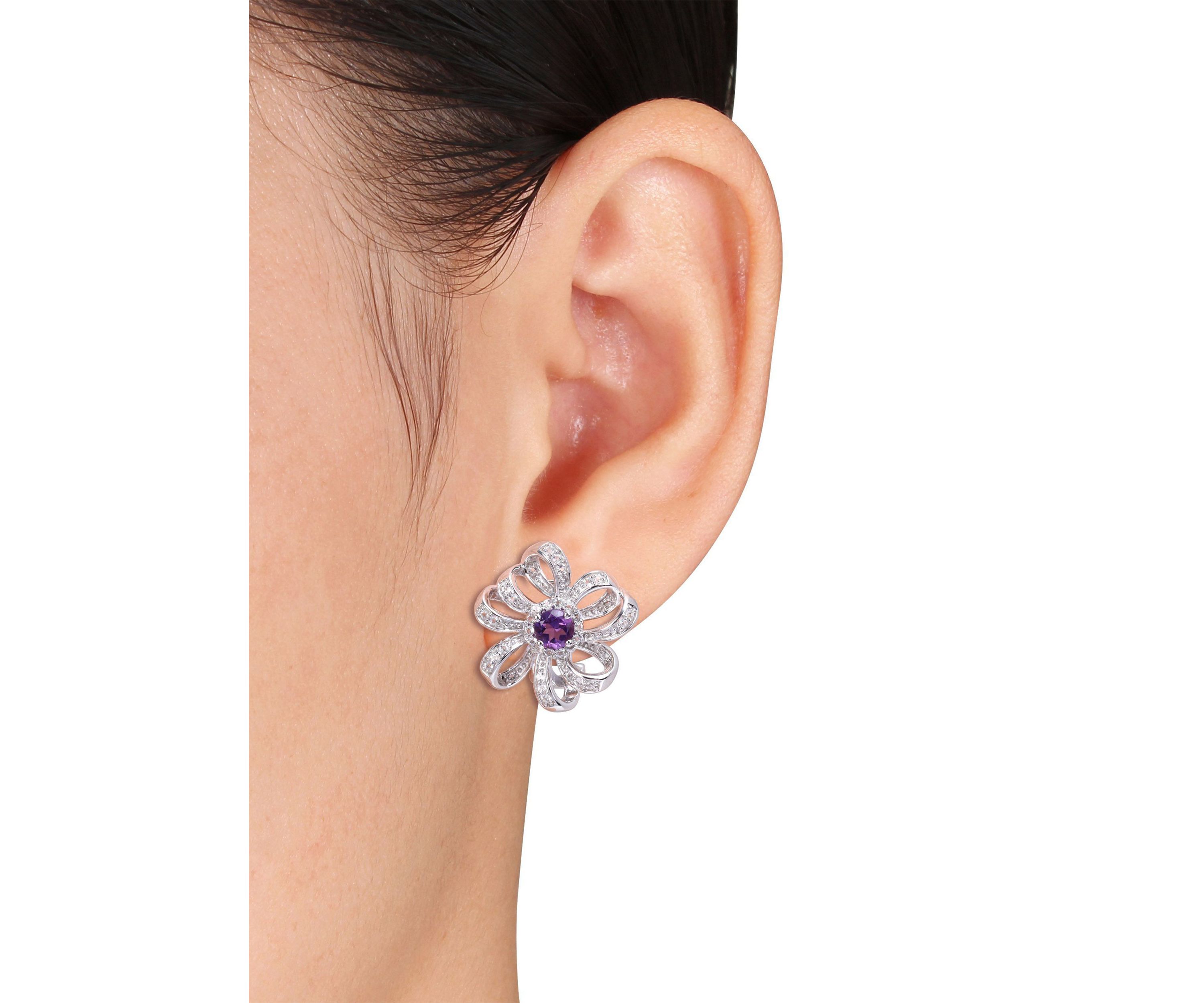 1.64 ct. t.g.w. African Amethyst and White Topaz Floral Clip-Back Earrings in Sterling Silver