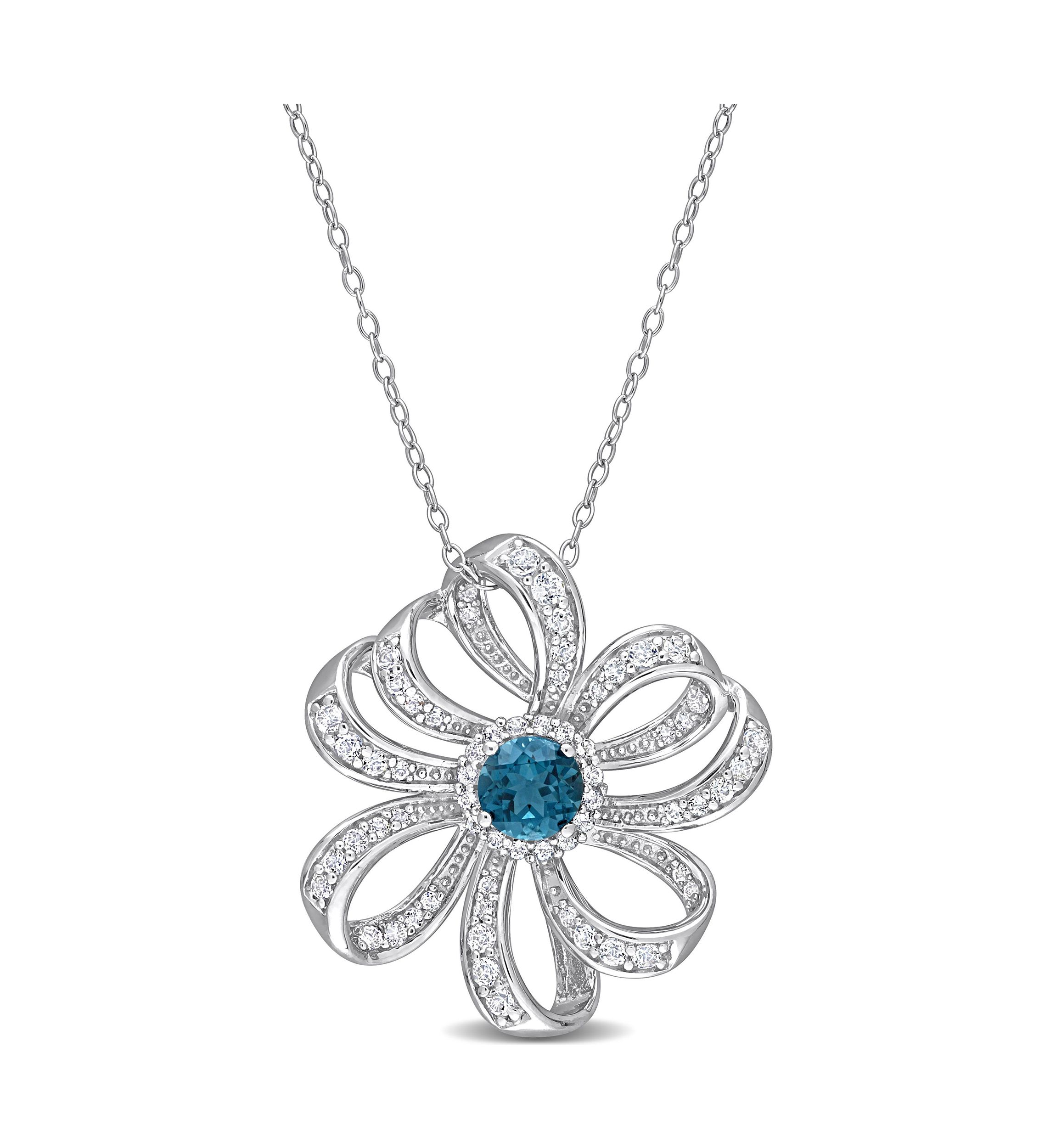 2.26 ct. t.g.w. London Blue Topaz and White Topaz Flower Pendant with Chain in Sterling Silver