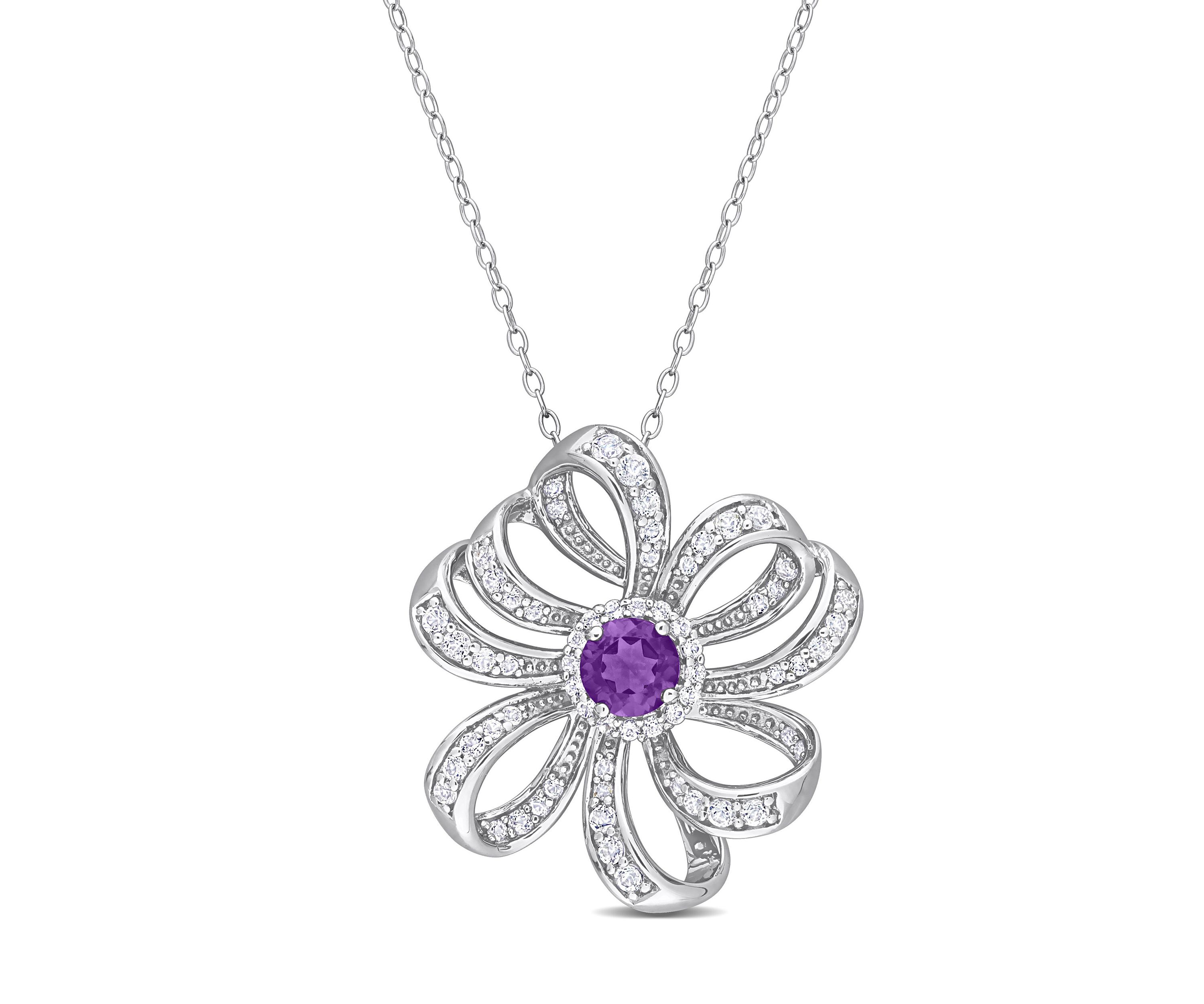 2 CT TGW African Amethyst and White Topaz Flower Pendant with Chain in Sterling Silver