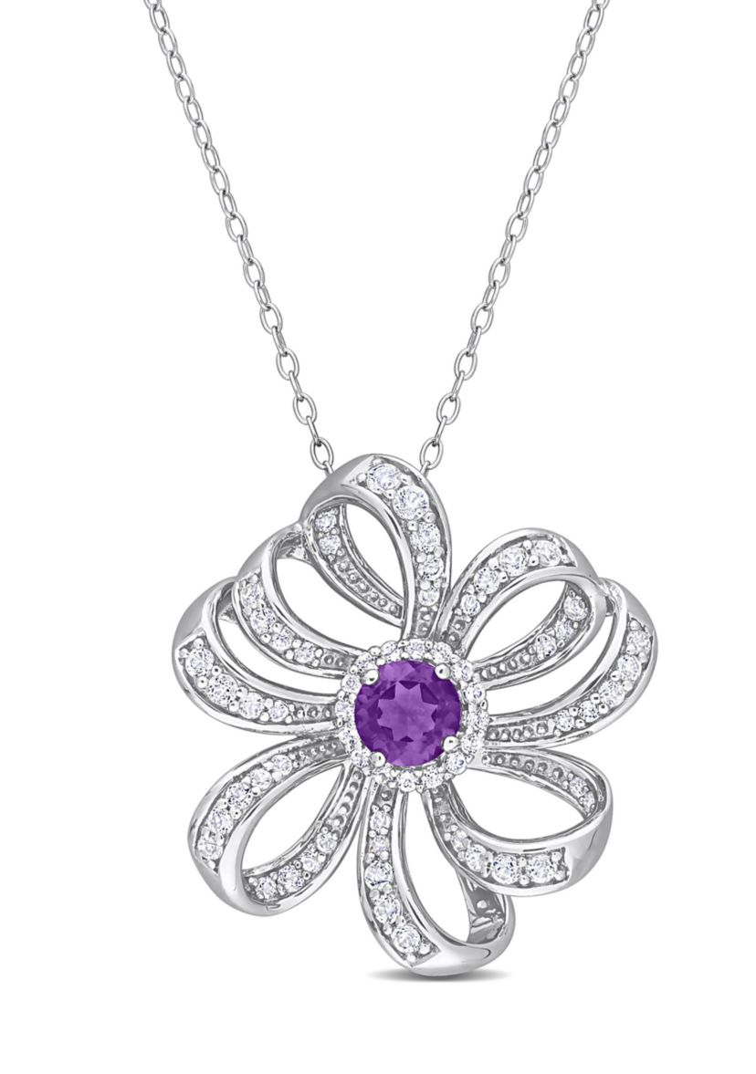2 CT TGW African Amethyst and White Topaz Flower Pendant with Chain in Sterling Silver