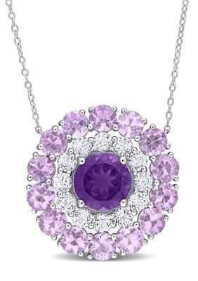 Belk & Co 11.24 Ct. T.g.w. Amethyst, African Amethyst And White Topaz Double Halo Circle Pendant With Chain In Sterling Silver