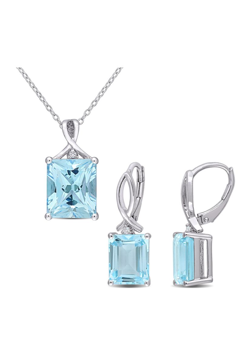 15 3/4 CT TGW Sky Blue Topaz and White Topaz Leverback Earrings and Pendant Set in Sterling Silver