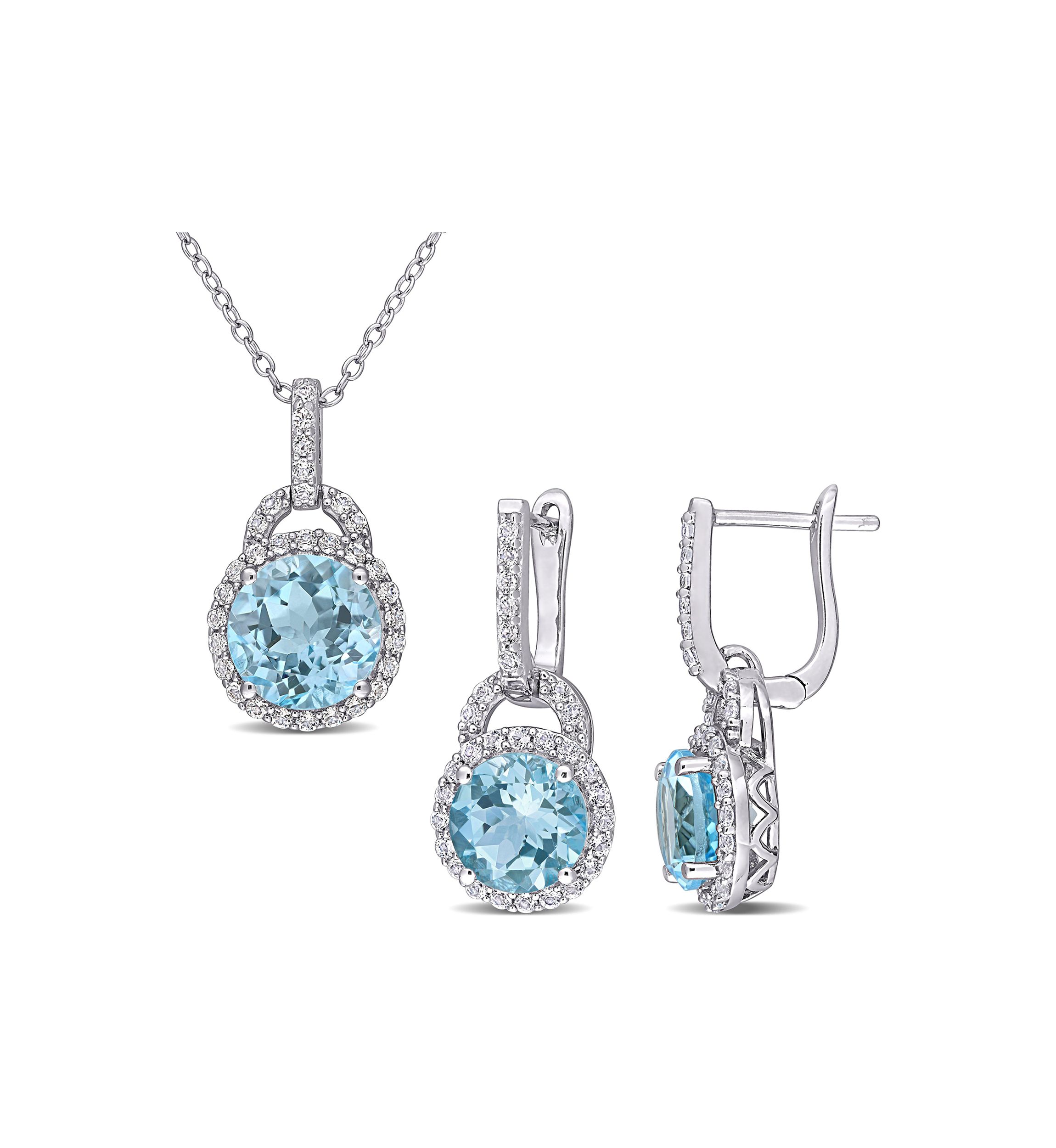 2-Piece Set 9 5/8 CT TGW Blue Topaz and White Topaz Halo Pendant with Chain and Hoop Halo Charm Earrings in Sterling Silver