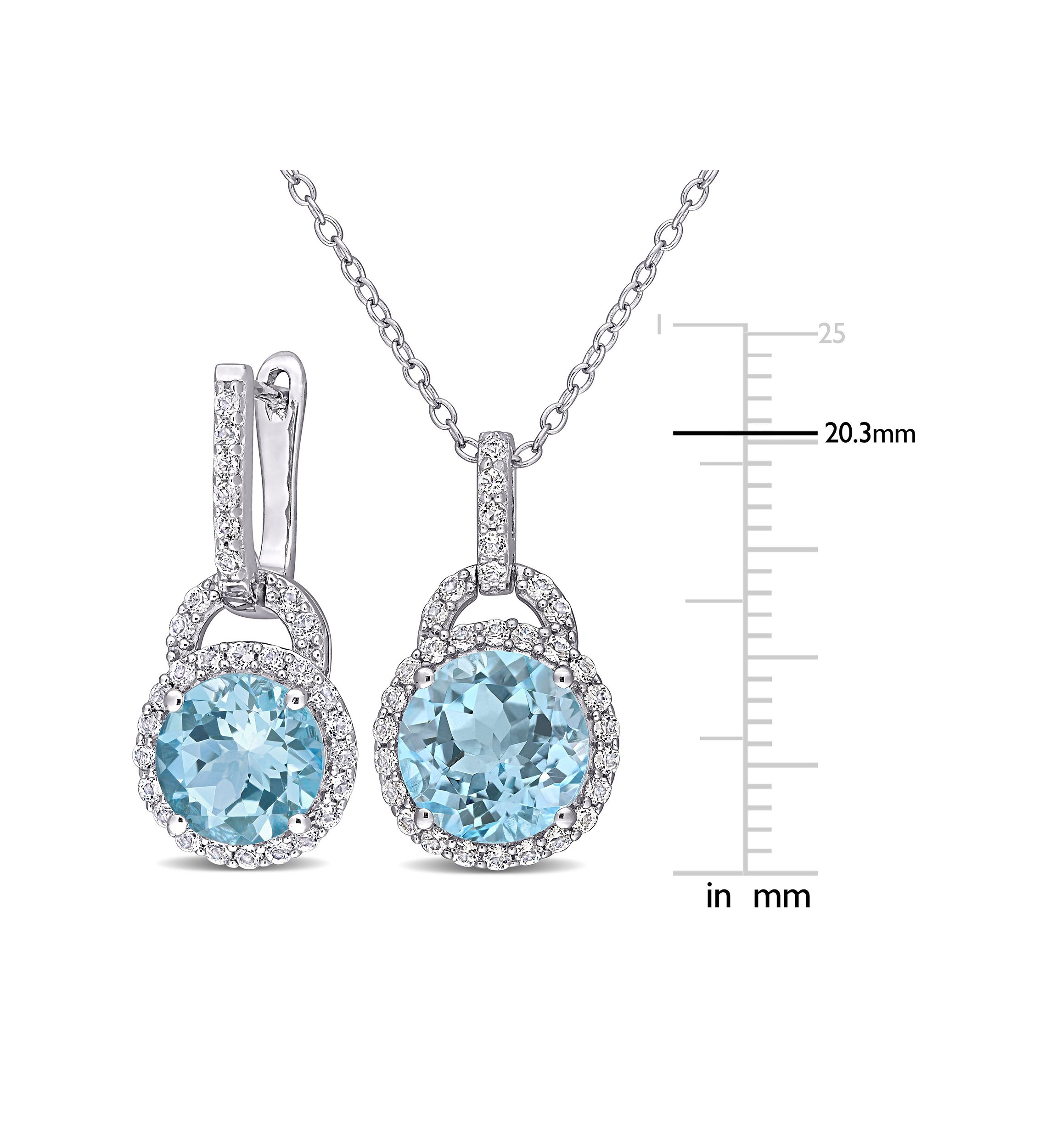2-Piece Set 9 5/8 CT TGW Blue Topaz and White Topaz Halo Pendant with Chain and Hoop Halo Charm Earrings in Sterling Silver