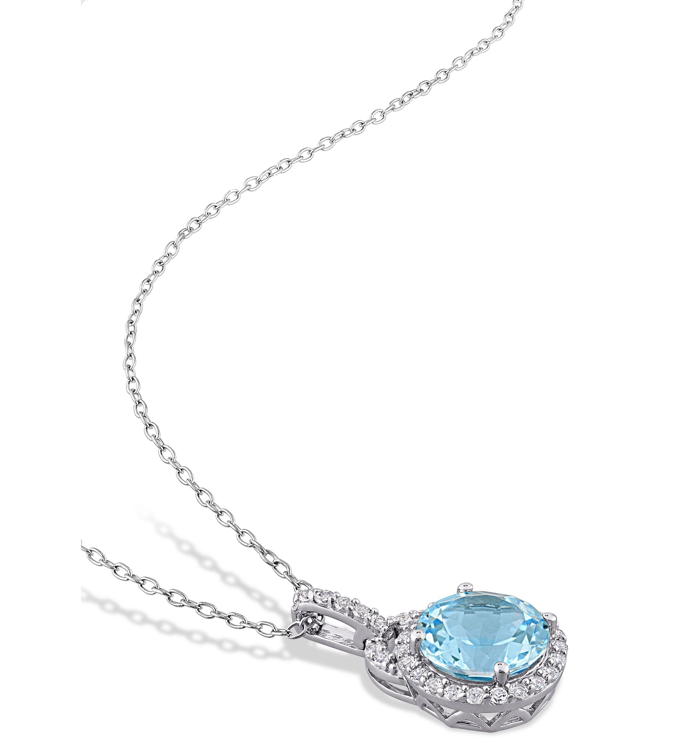2-Piece Set 9 5/8 CT TGW Blue Topaz and White Topaz Halo Pendant with Chain and Hoop Halo Charm Earrings in Sterling Silver