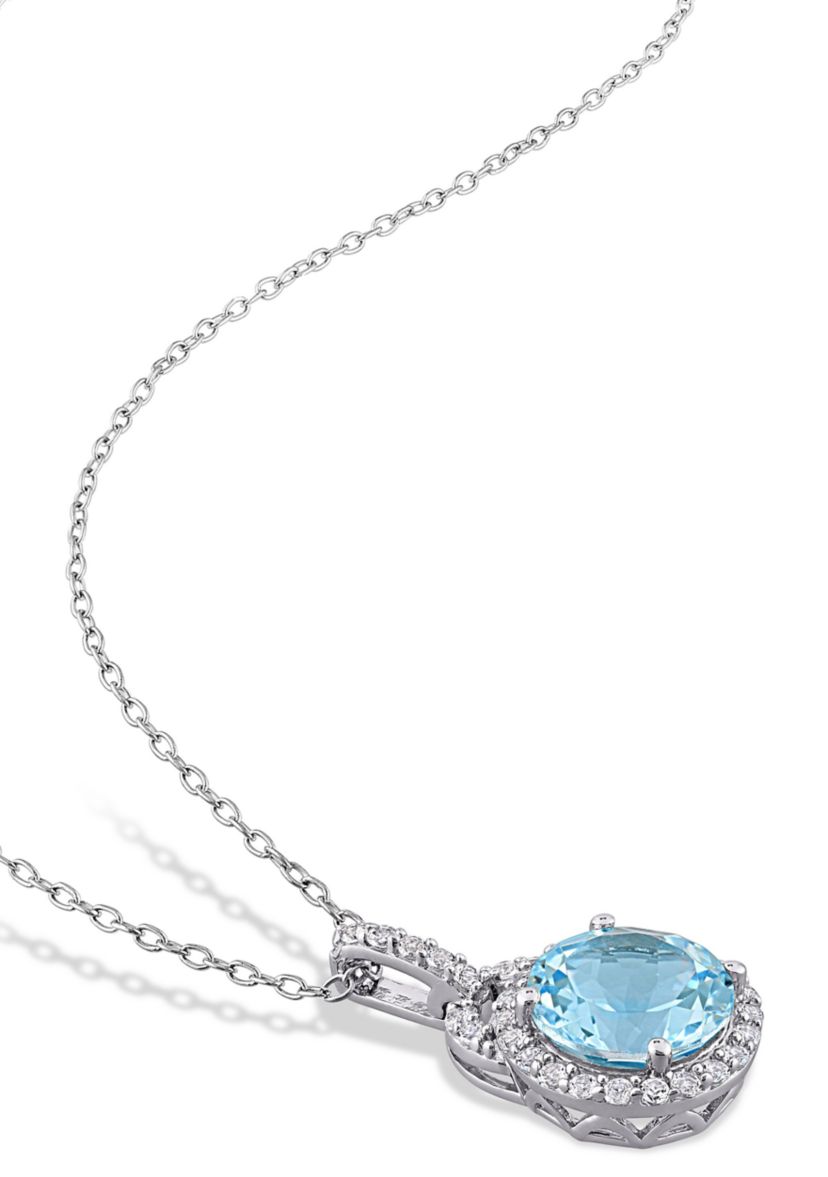 2-Piece Set 9 5/8 CT TGW Blue Topaz and White Topaz Halo Pendant with Chain and Hoop Halo Charm Earrings in Sterling Silver