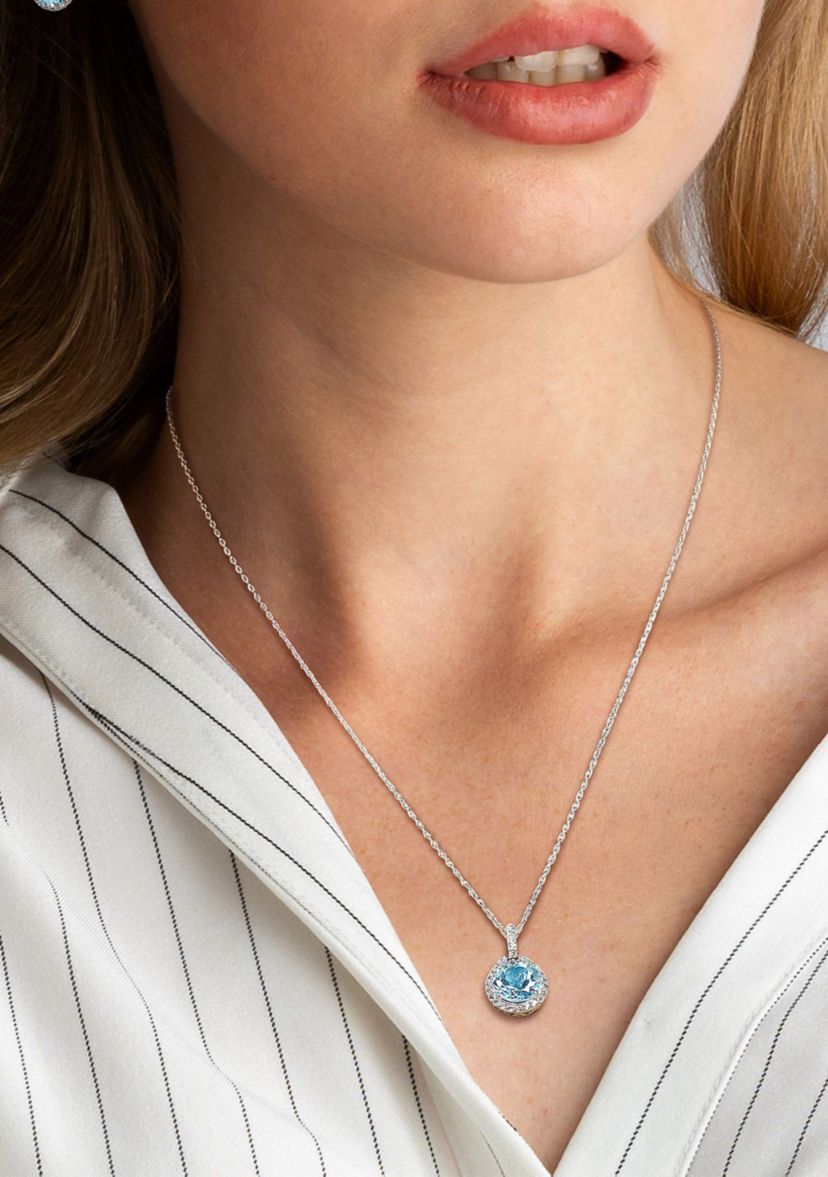 2-Piece Set 9 5/8 CT TGW Blue Topaz and White Topaz Halo Pendant with Chain and Hoop Halo Charm Earrings in Sterling Silver