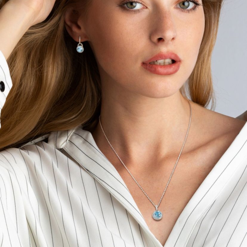 2-Piece Set 9 5/8 CT TGW Blue Topaz and White Topaz Halo Pendant with Chain and Hoop Halo Charm Earrings in Sterling Silver