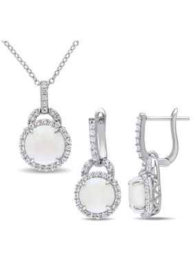 Belk & Co 2-Piece Set 5 1/4 CT TGW Opal and White Topaz Halo Pendant with Chain and Hoop Halo Charm Earrings in Sterling Silver, 18 in