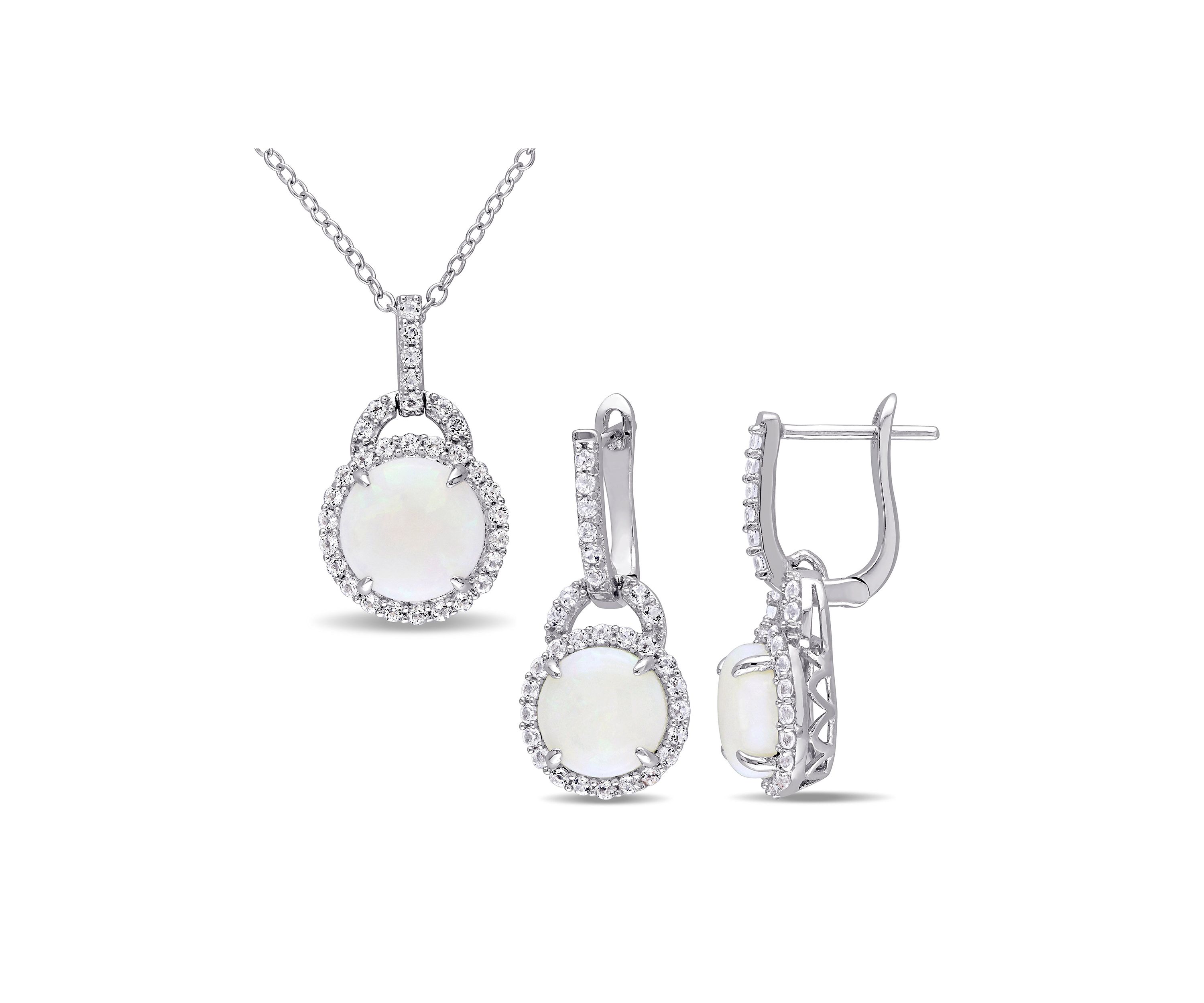 2-Piece Set 5 1/4 CT TGW Opal and White Topaz Halo Pendant with Chain and Hoop Halo Charm Earrings in Sterling Silver