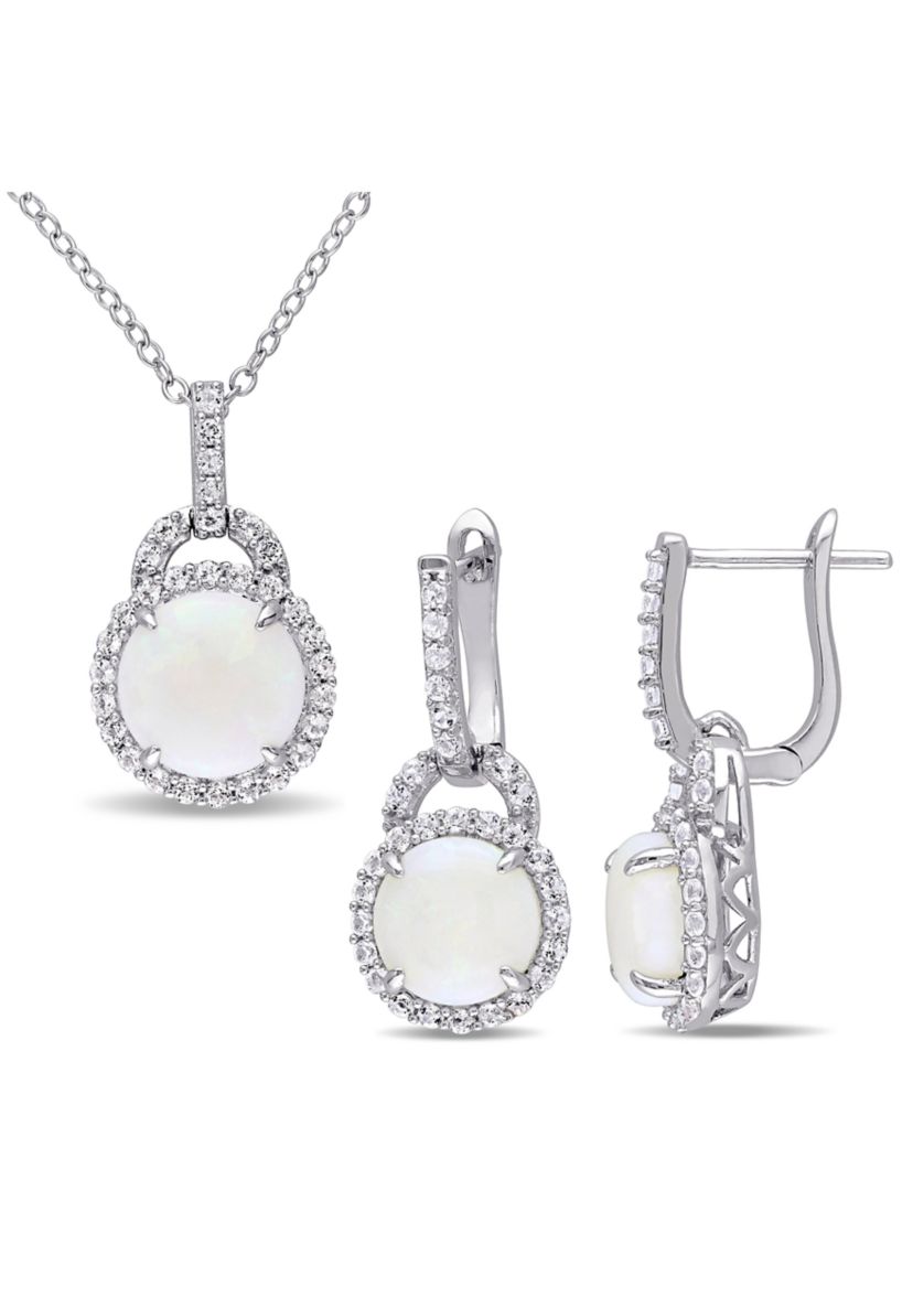 2-Piece Set 5 1/4 CT TGW Opal and White Topaz Halo Pendant with Chain and Hoop Halo Charm Earrings in Sterling Silver